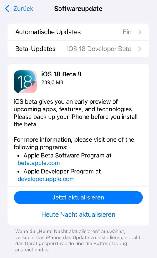 富宁苹果手机维修分享苹果 iOS / iPadOS 18 开发者预览版 Beta 8 发布 